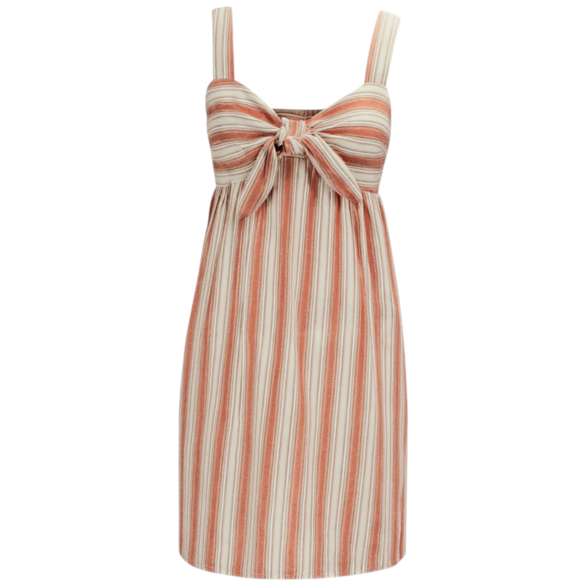 Women's striped sundress with front tie bow and adjustable straps – lightweight summer dress in coral and beige
